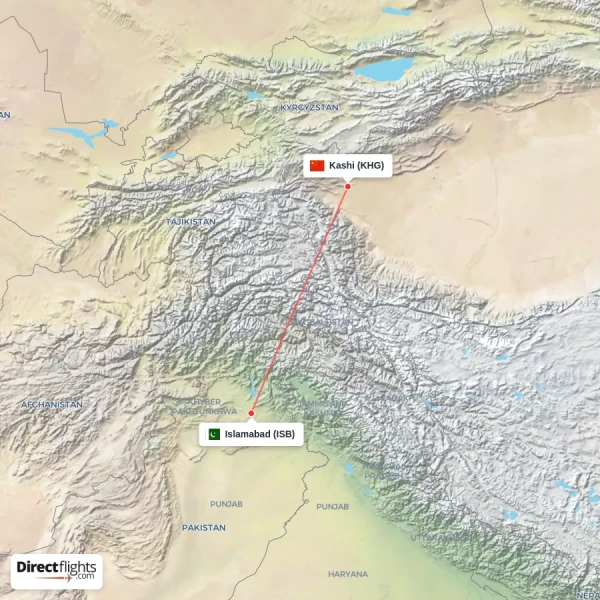 Islamabad - Kashi direct flight map
