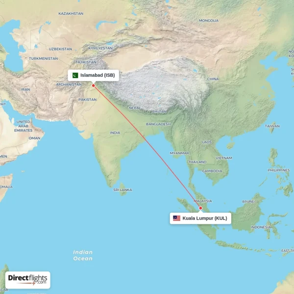 Islamabad - Kuala Lumpur direct flight map