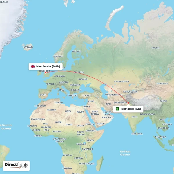 Islamabad - Manchester direct flight map