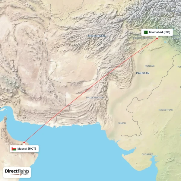 Islamabad - Muscat direct flight map