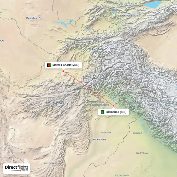 Islamabad - Mazar-I-Sharif direct flight map