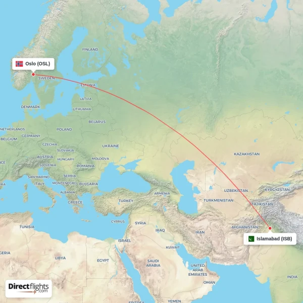 Islamabad - Oslo direct flight map