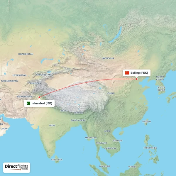 Islamabad - Beijing direct flight map