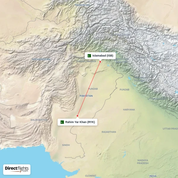 Islamabad - Rahim Yar Khan direct flight map