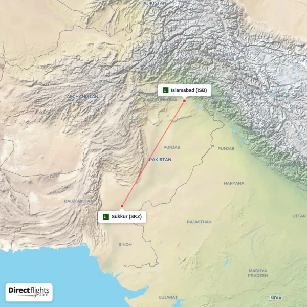 Islamabad - Sukkur direct flight map
