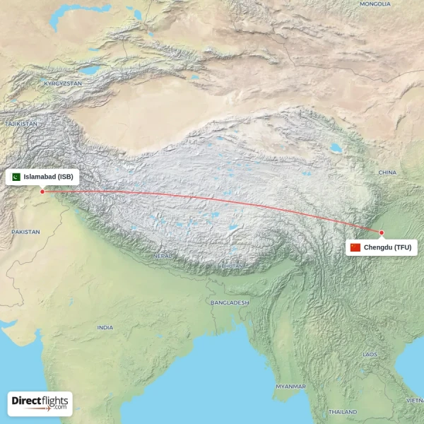 Islamabad - Chengdu direct flight map