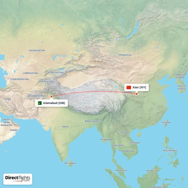 Islamabad - Xian direct flight map