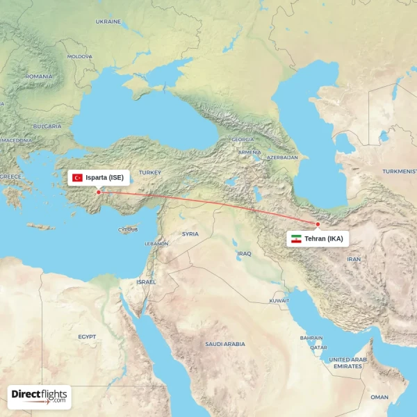 Isparta - Tehran direct flight map