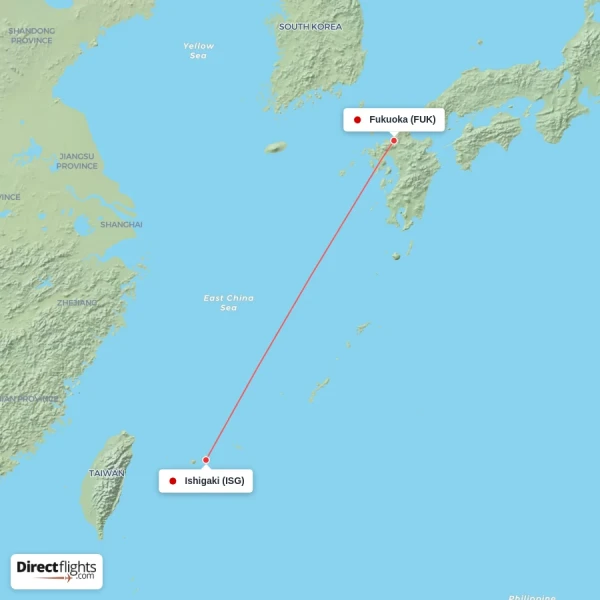 Ishigaki - Fukuoka direct flight map