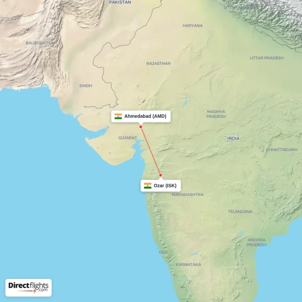 Ozar - Ahmedabad direct flight map