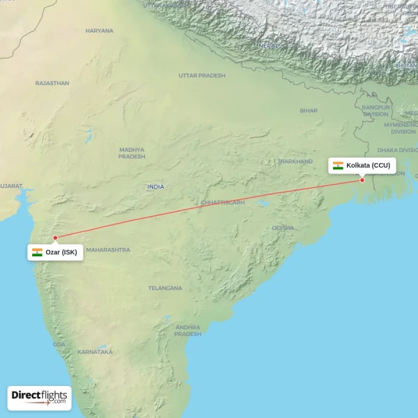 Ozar - Kolkata direct flight map
