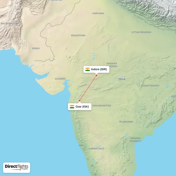 Ozar - Indore direct flight map