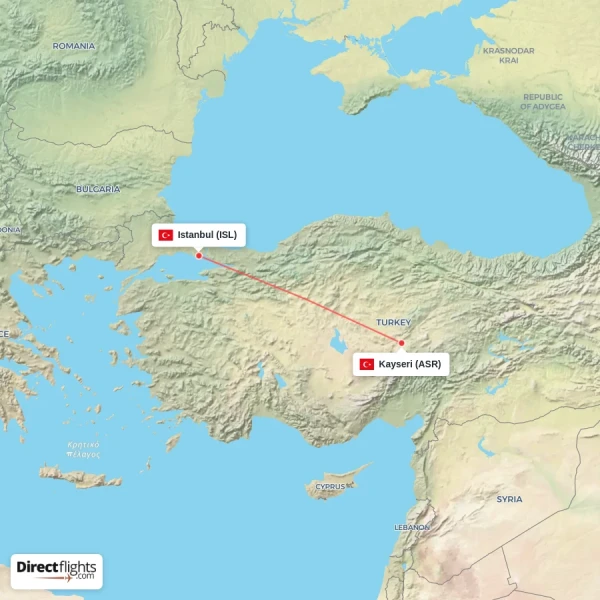Istanbul - Kayseri direct flight map