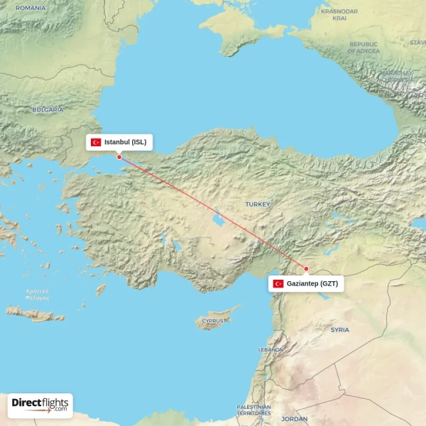 Istanbul - Gaziantep direct flight map