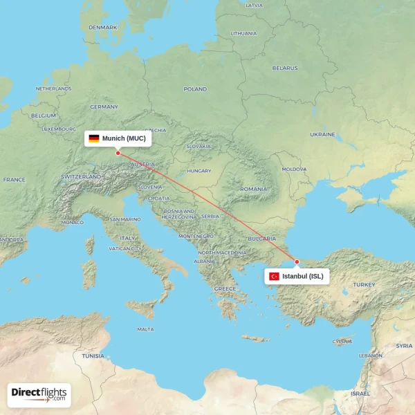 Istanbul - Munich direct flight map