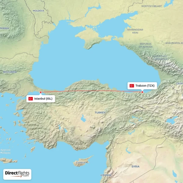 Istanbul - Trabzon direct flight map