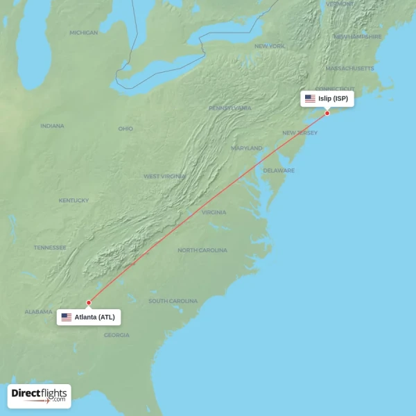 Islip - Atlanta direct flight map