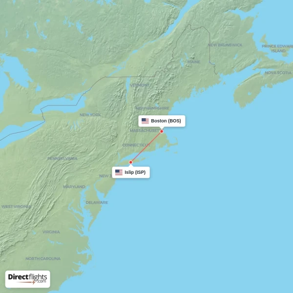 Islip - Boston direct flight map