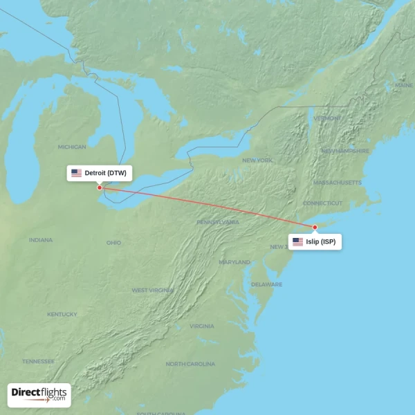 Islip - Detroit direct flight map