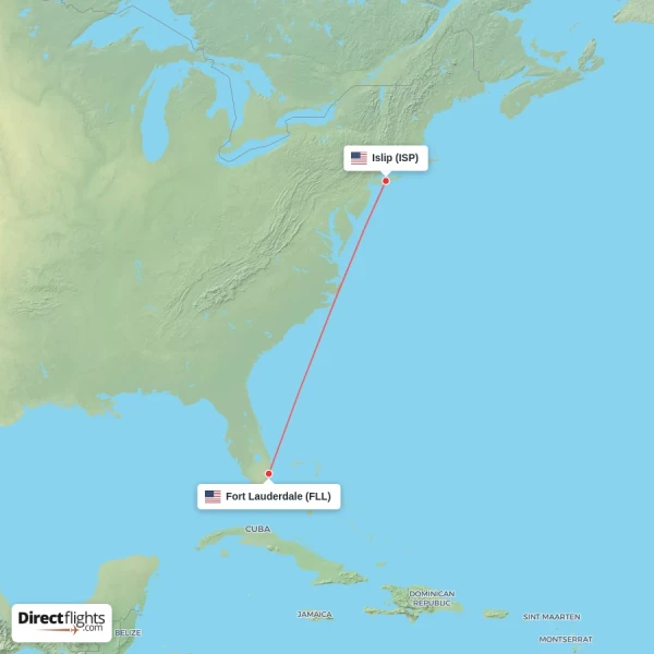 Islip - Fort Lauderdale direct flight map