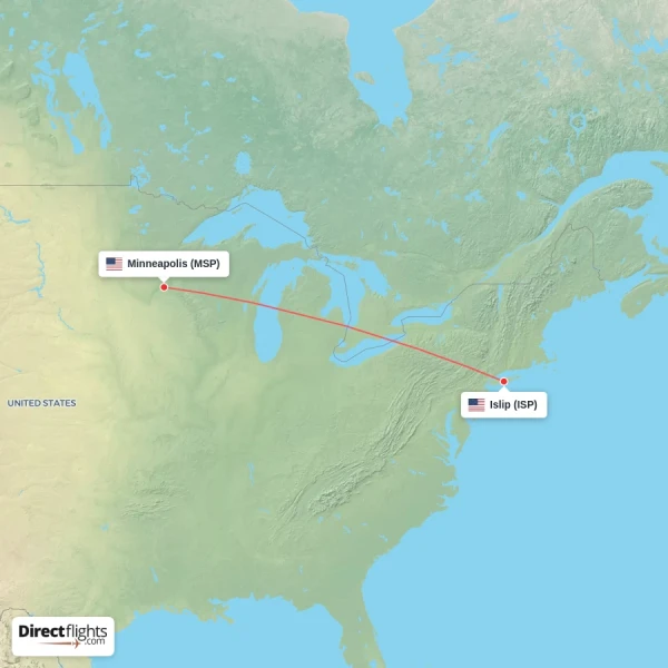 Islip - Minneapolis direct flight map