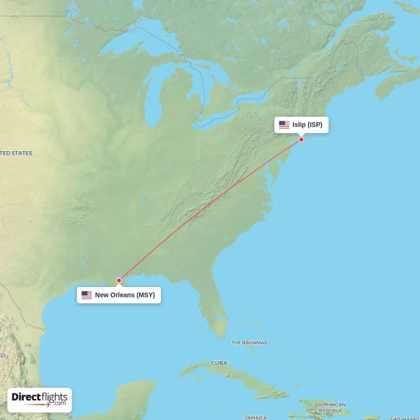 Islip - New Orleans direct flight map