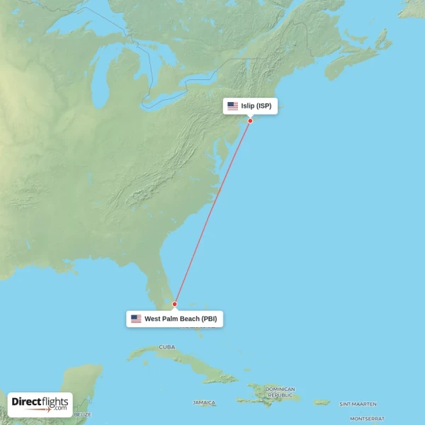 Islip - West Palm Beach direct flight map