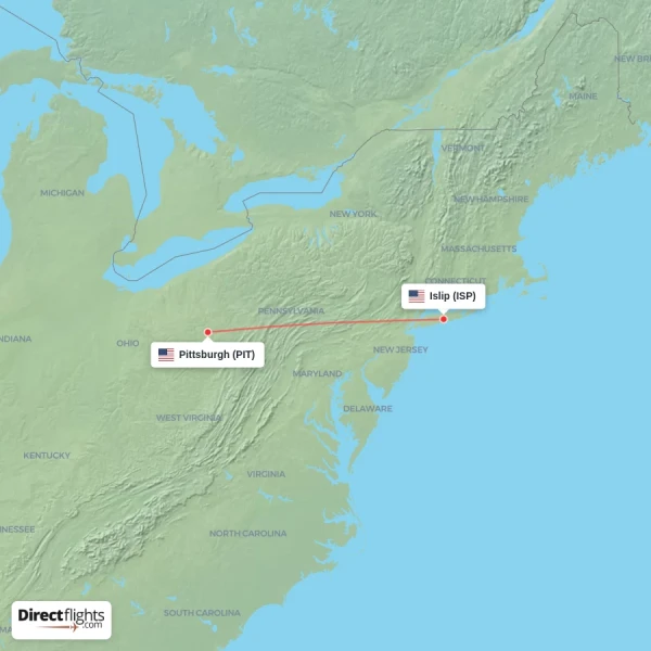 Islip - Pittsburgh direct flight map