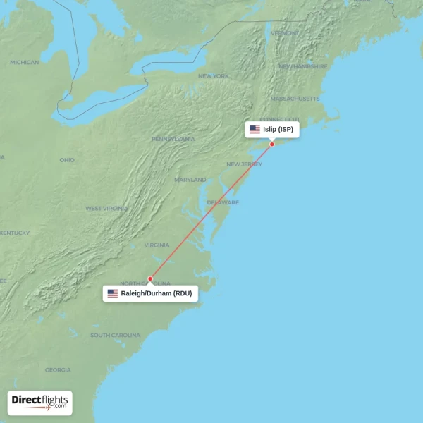 Islip - Raleigh/Durham direct flight map