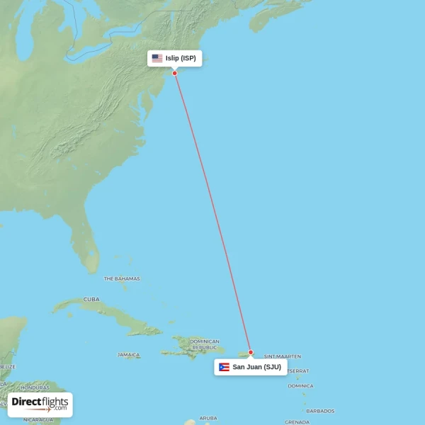 Islip - San Juan direct flight map