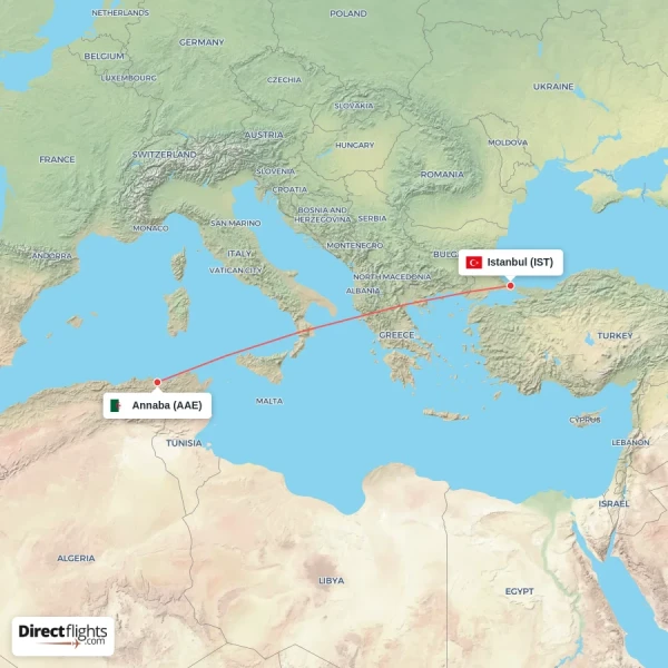 Istanbul - Annaba direct flight map