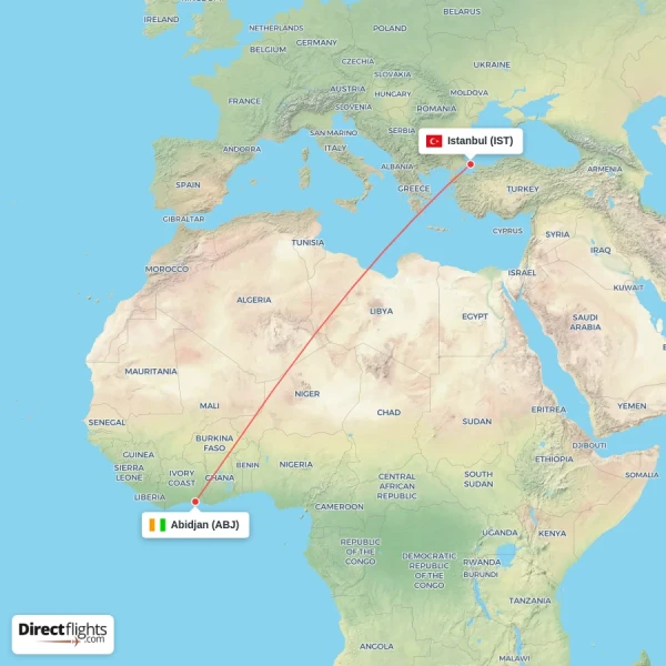 Istanbul - Abidjan direct flight map