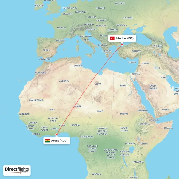 Istanbul - Accra direct flight map