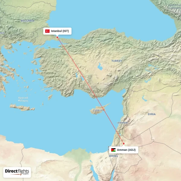 Istanbul - Amman direct flight map