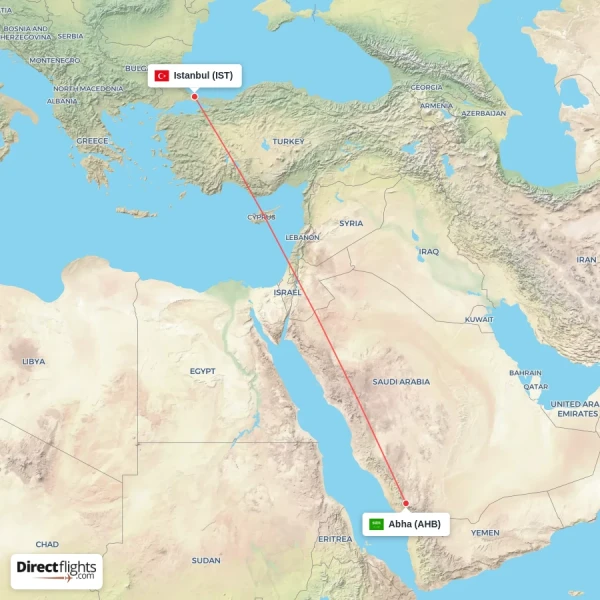 Istanbul - Abha direct flight map
