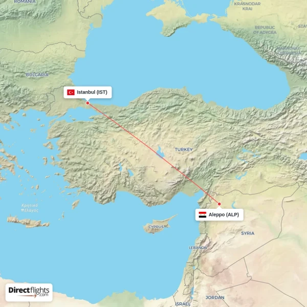 Istanbul - Aleppo direct flight map