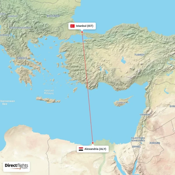Istanbul - Alexandria direct flight map