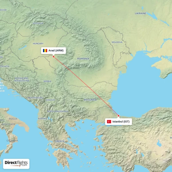 Istanbul - Arad direct flight map