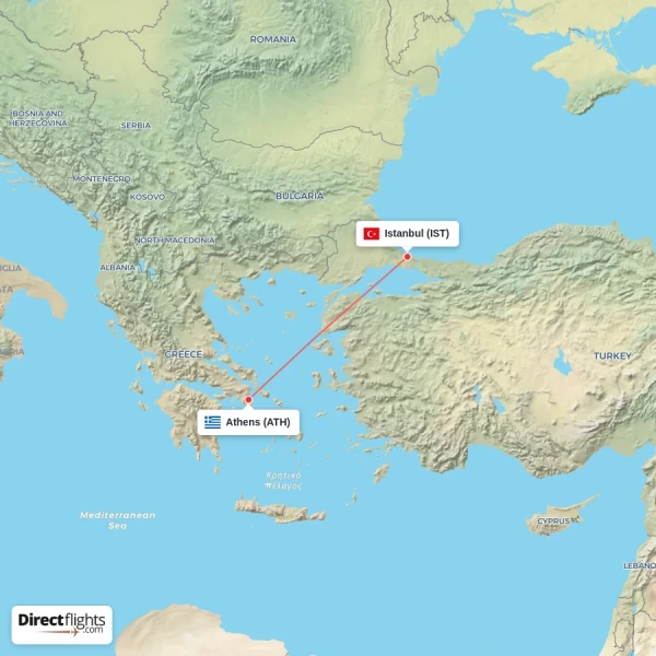 Istanbul - Athens direct flight map