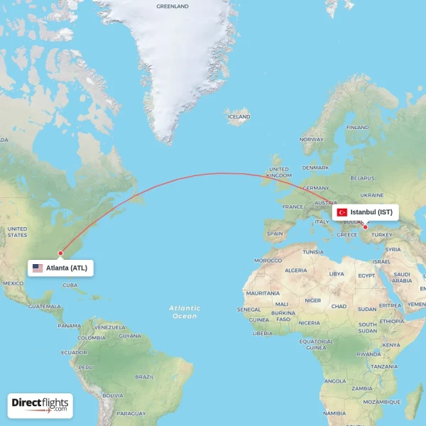 Istanbul - Atlanta direct flight map
