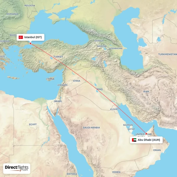 Istanbul - Abu Dhabi direct flight map