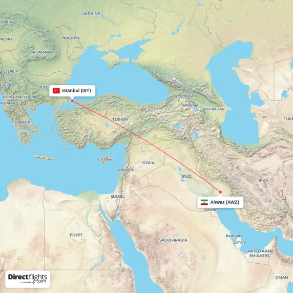 Istanbul - Ahwaz direct flight map