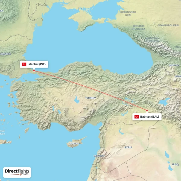 Istanbul - Batman direct flight map