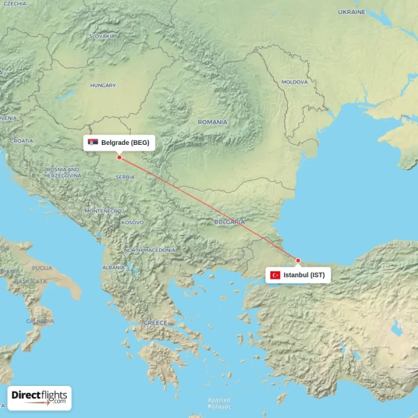 Istanbul - Belgrade direct flight map