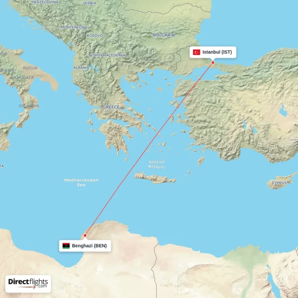 Istanbul - Benghazi direct flight map