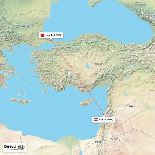 Istanbul - Beirut direct flight map