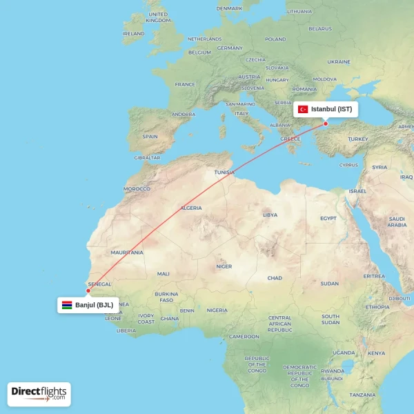 Istanbul - Banjul direct flight map