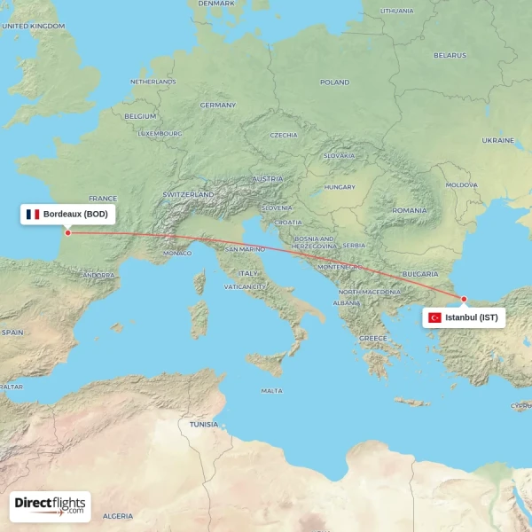 Istanbul - Bordeaux direct flight map