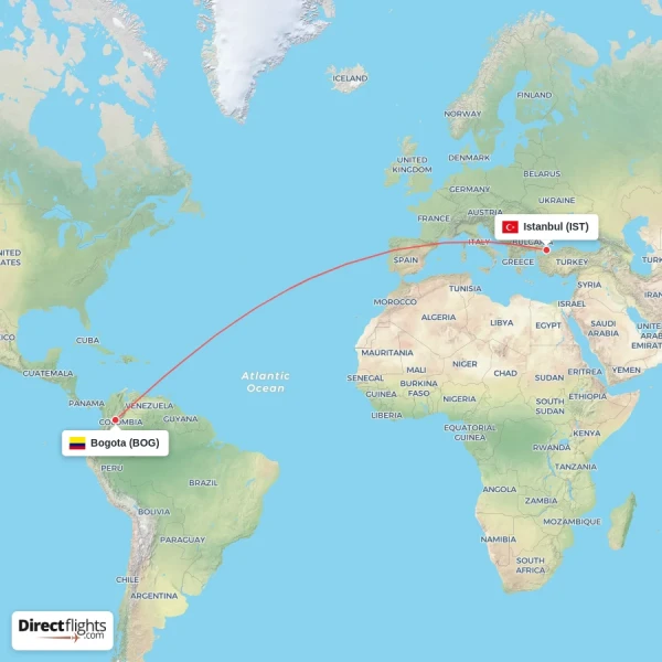 Istanbul - Bogota direct flight map