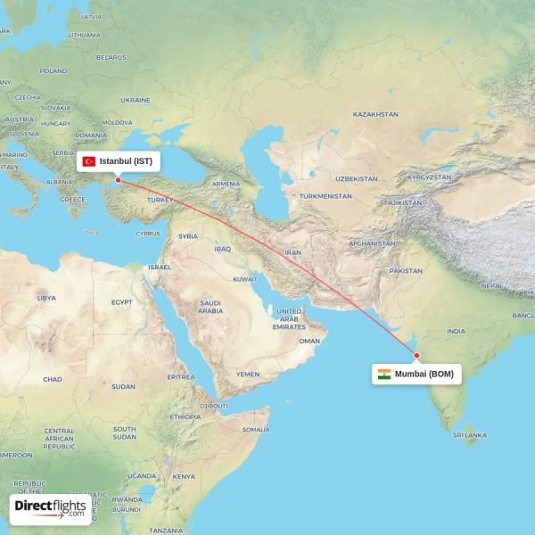 Istanbul - Mumbai direct flight map
